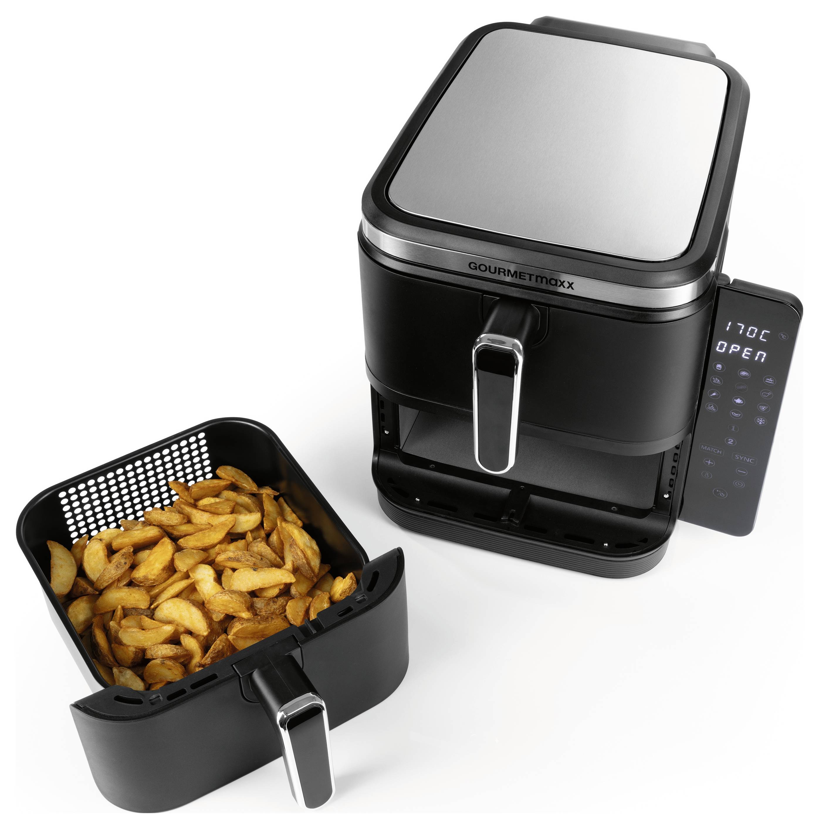 A digital air fryer with a removable basket filled with cooked potato wedges. Display shows '170°C' and 'OPEN', indicating active cooking.