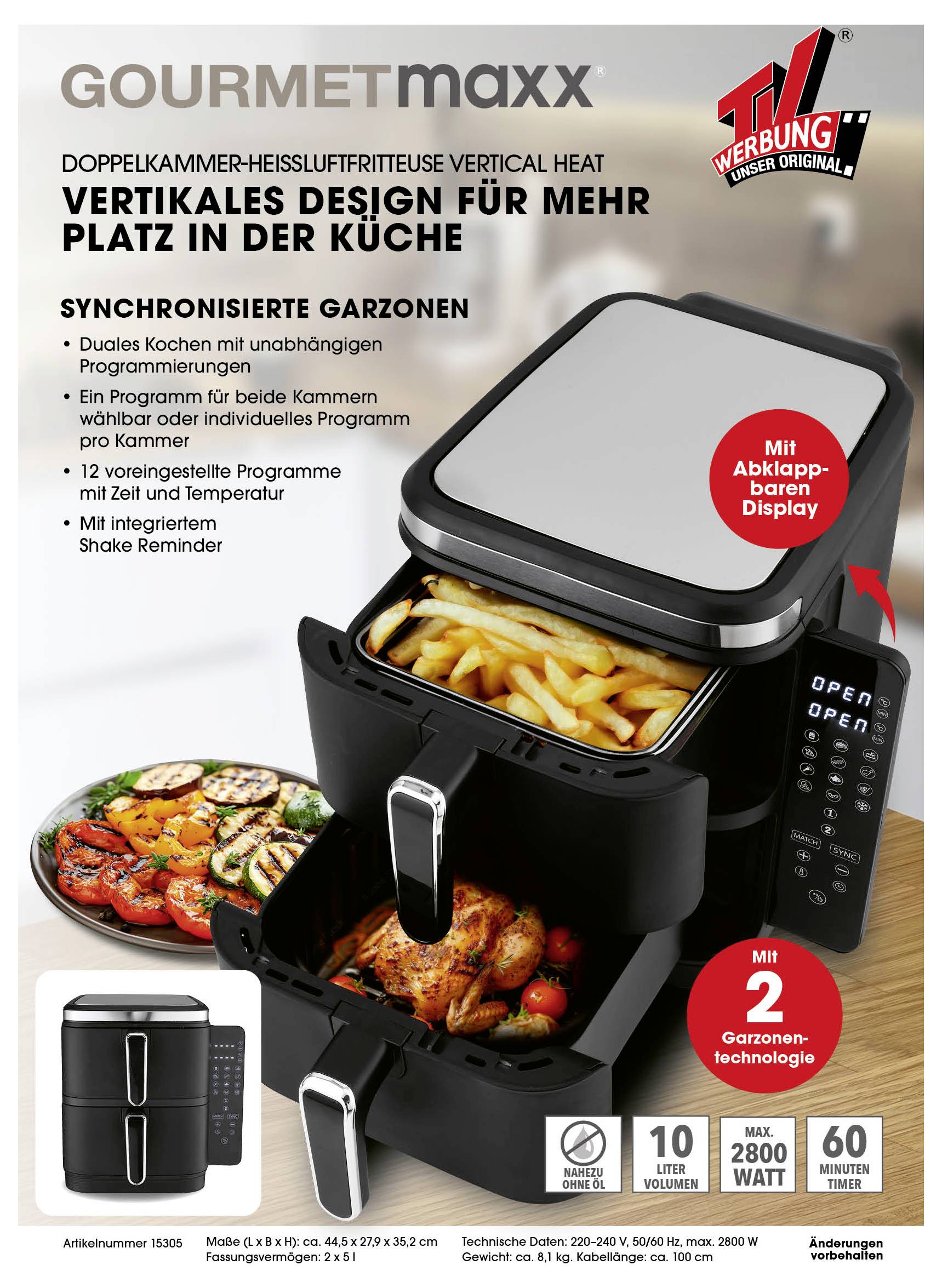 Double-chamber hot air fryer with vertical design. Features include synchronised cooking and a fold-down control panel.