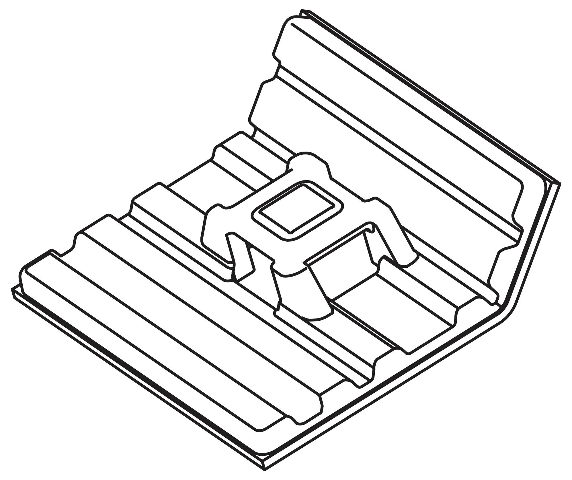 'Illustration of a metal bracket with a central rectangular slot, designed to secure components on a corrugated surface.'