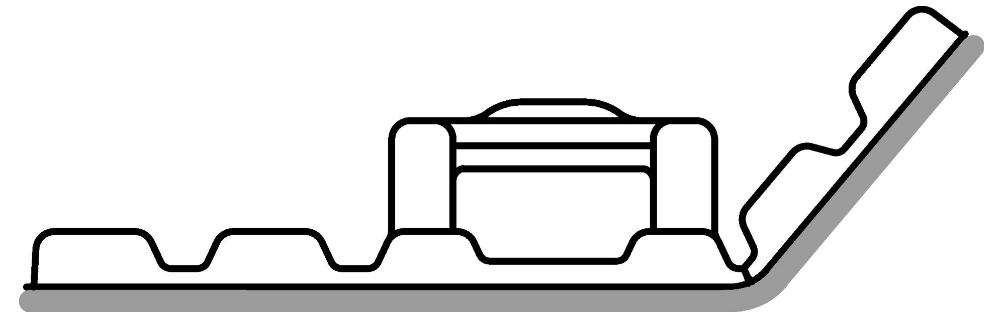 'Side profile of a stackable chair with interconnected frames, showing the silhouette of the seat, backrest, and support structure.'