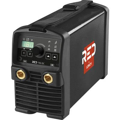 A black welding machine with a digital display showing '180'. It features adjustment knobs and ports on the front, labeled 'RED by Lorch'.