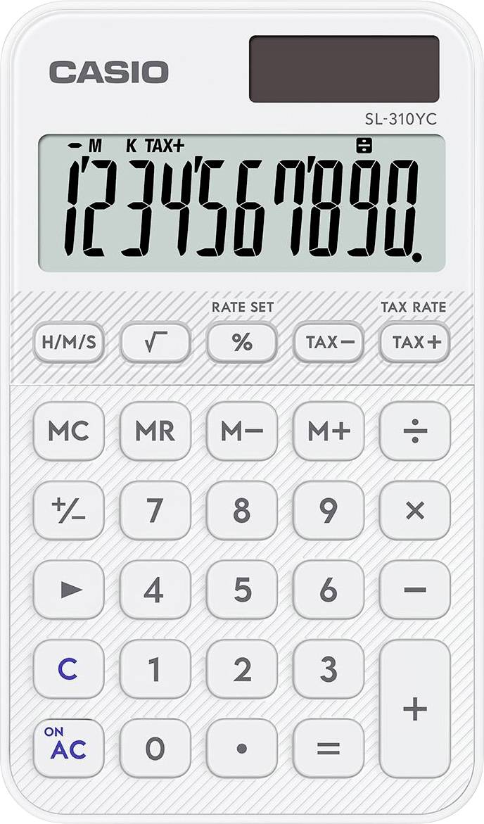A white Casio calculator displays the numbers '1234567890'. It features various function buttons like tax calculation, percentage, and memory functions.