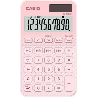 Pink Casio calculator model SL-310YC displays numbers '1234567890' on screen with standard buttons below, including tax functions.