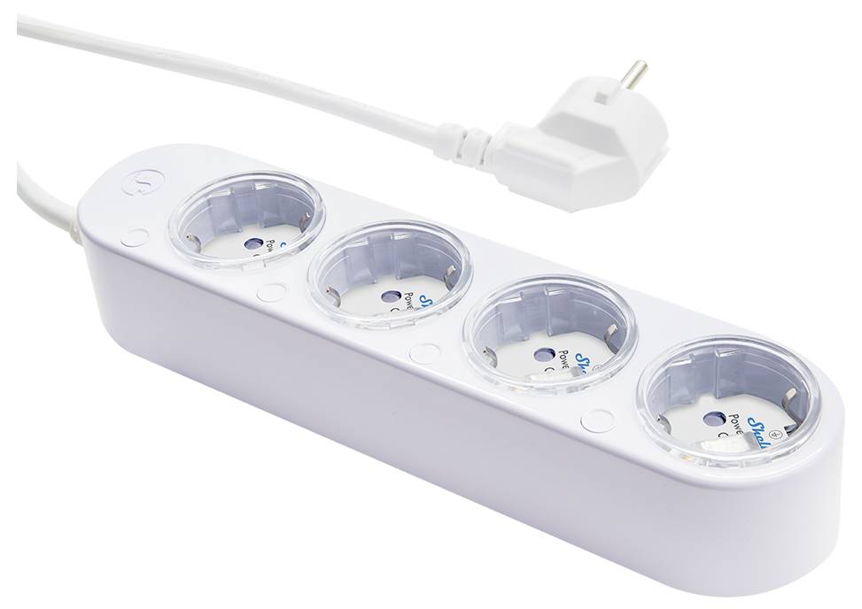 A white power strip with four European plug sockets and a white power cord.