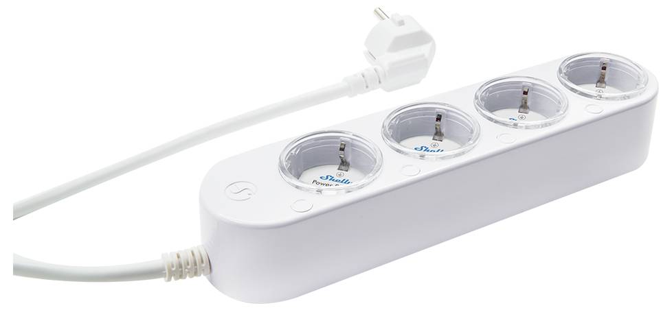 A white power strip with four outlets and a plug attached.
