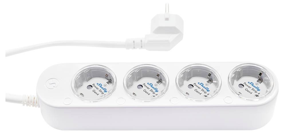 A white power strip with four grounded outlets, each labeled 'SafeLine', and a white power cord with a right-angle plug.