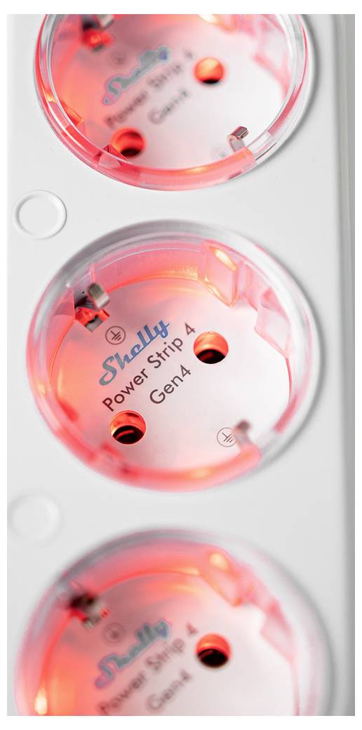 A close-up of three red-illuminated power sockets labeled 'Shelly Power Strip 4 Gen4' arranged vertically, each with electrical components visible.