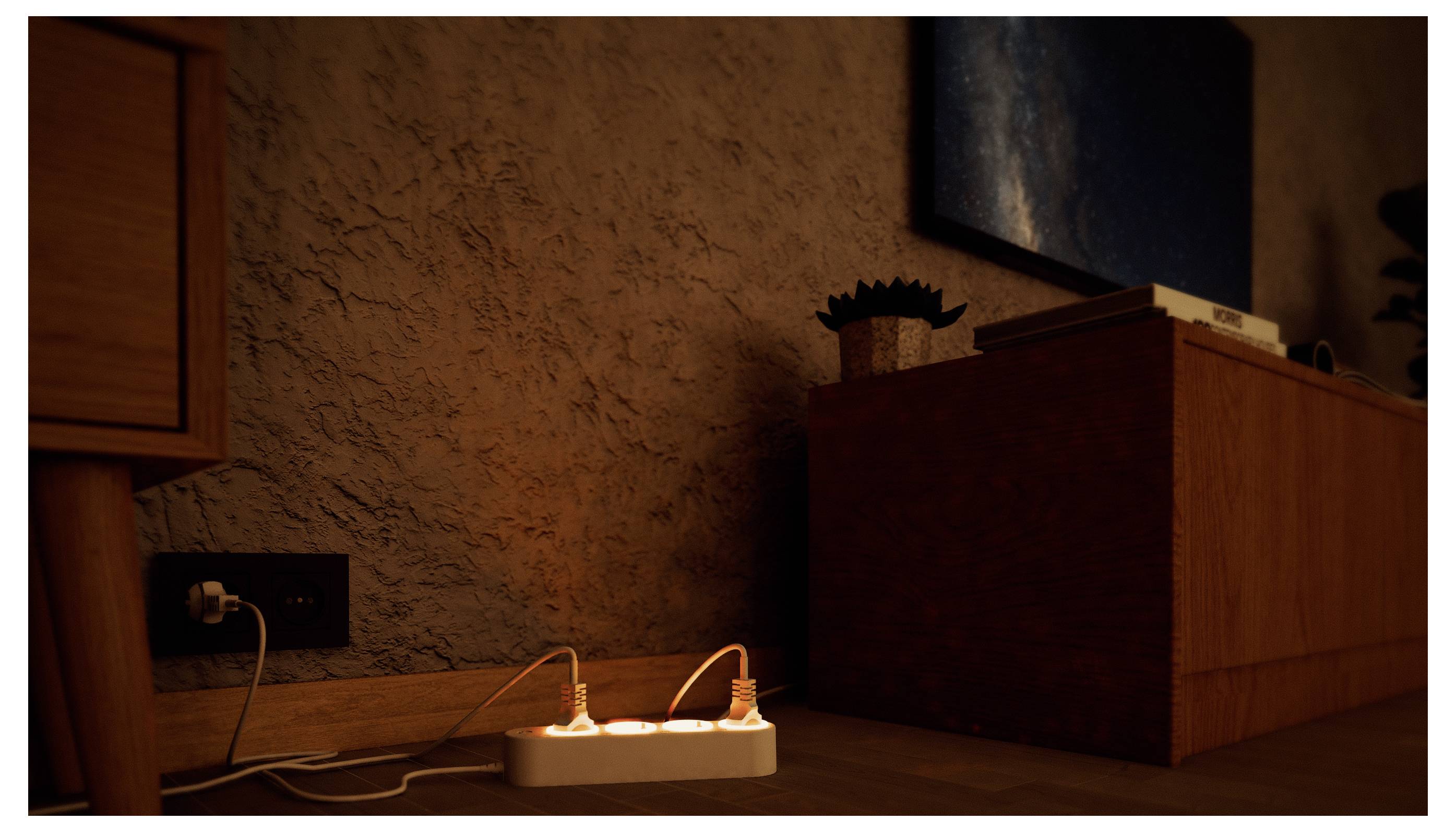 A lit power strip on the floor illuminates near a wooden cabinet against a textured wall, creating a warm, ambient lighting effect.