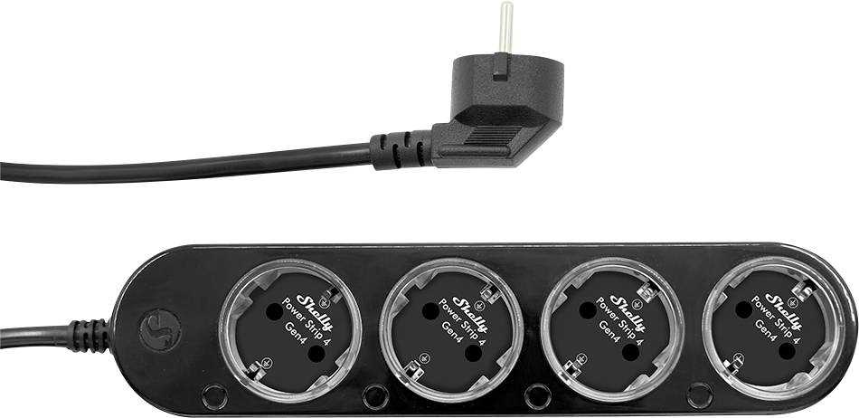 A black power strip with four round sockets and a right-angled plug connected by a cable. Sockets are labeled 'Switched Socket - Control'.