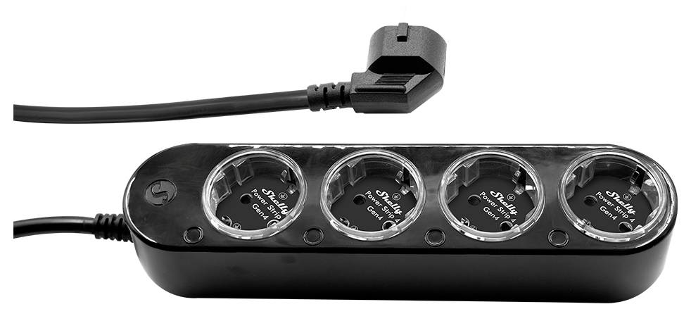 A black power strip with four European-style sockets and an attached cable with an angled plug.