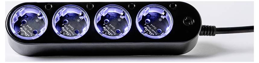 A black power strip with four illuminated circular sockets, each showing a blue light, connected via a black power cord.