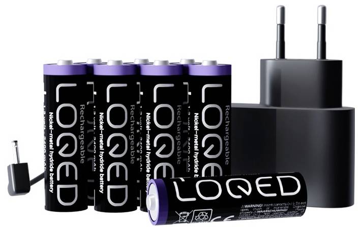 'LOQED Rechargeable Nickel-Metal Hydride Batteries' displayed with a charger, emphasizing reusability and compatibility with electronic devices.