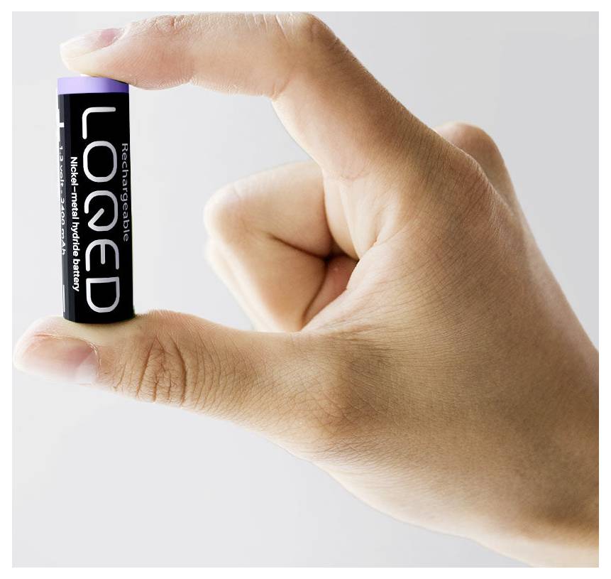 A hand holds a small rechargeable battery between thumb and index finger. The battery is labeled 'LOQED' with a purple top.