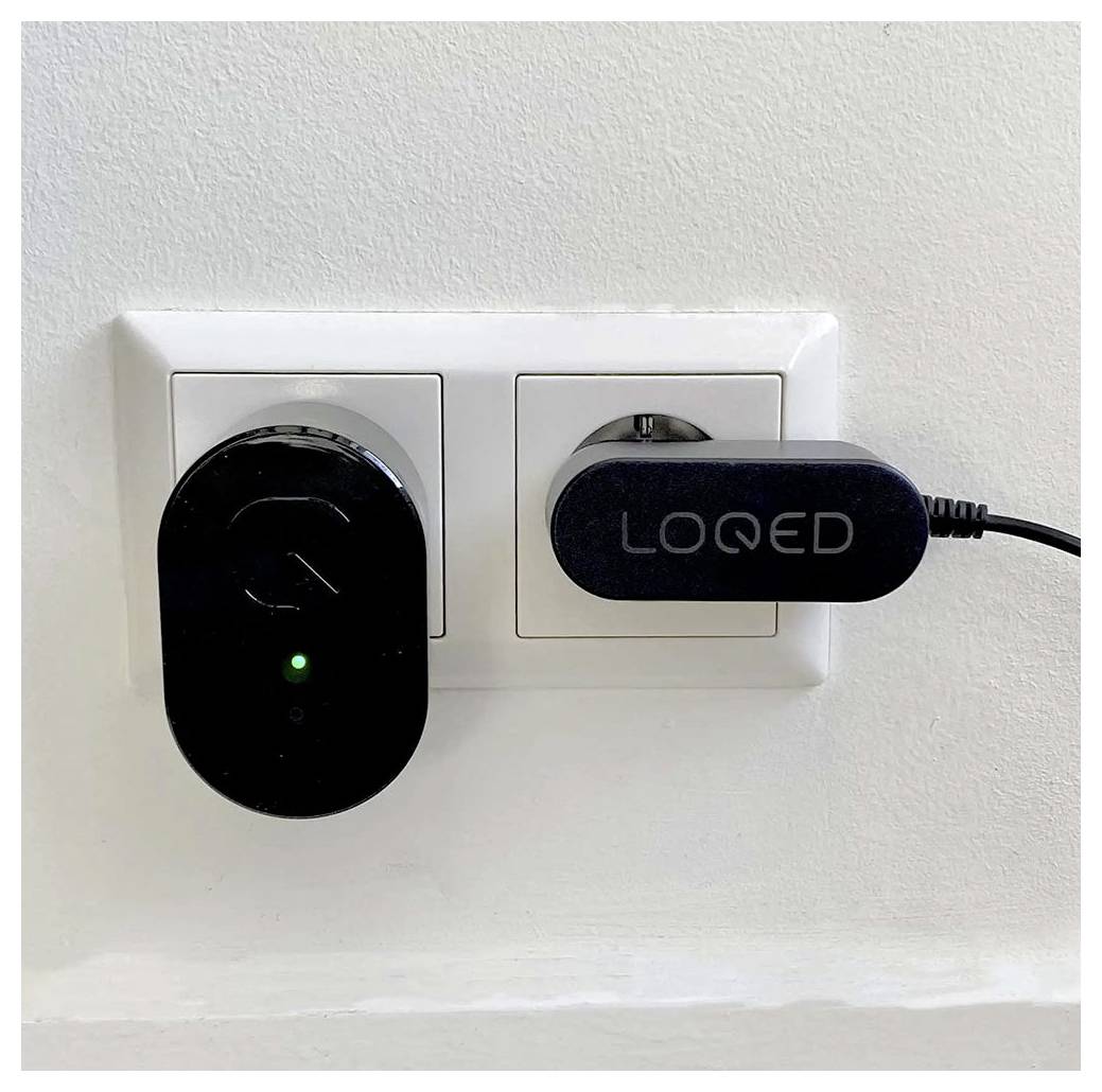 Two devices are plugged into a wall outlet. One has a small light, and the other bears the branding 'LOQED'.