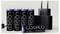 'Five LOQED rechargeable batteries and a black plug-in charger are displayed on a light background. One battery is lying horizontally.'