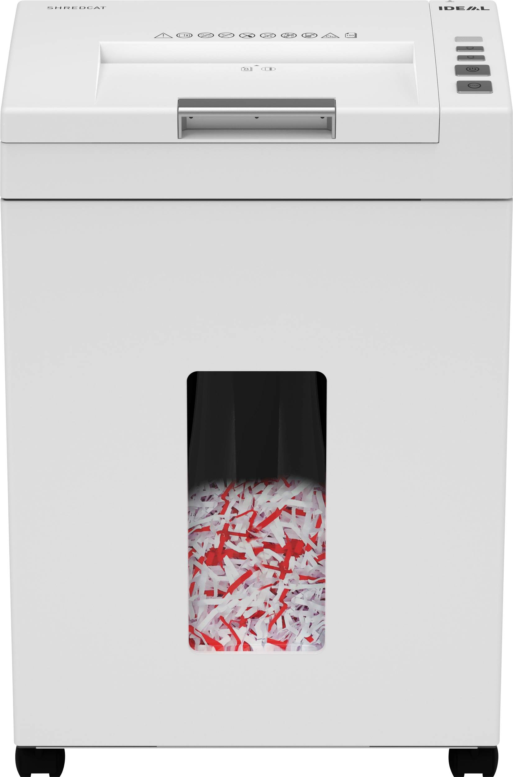 A white paper shredder with shredded paper visible through a window in the front. The top panel has buttons and a paper entry slot.