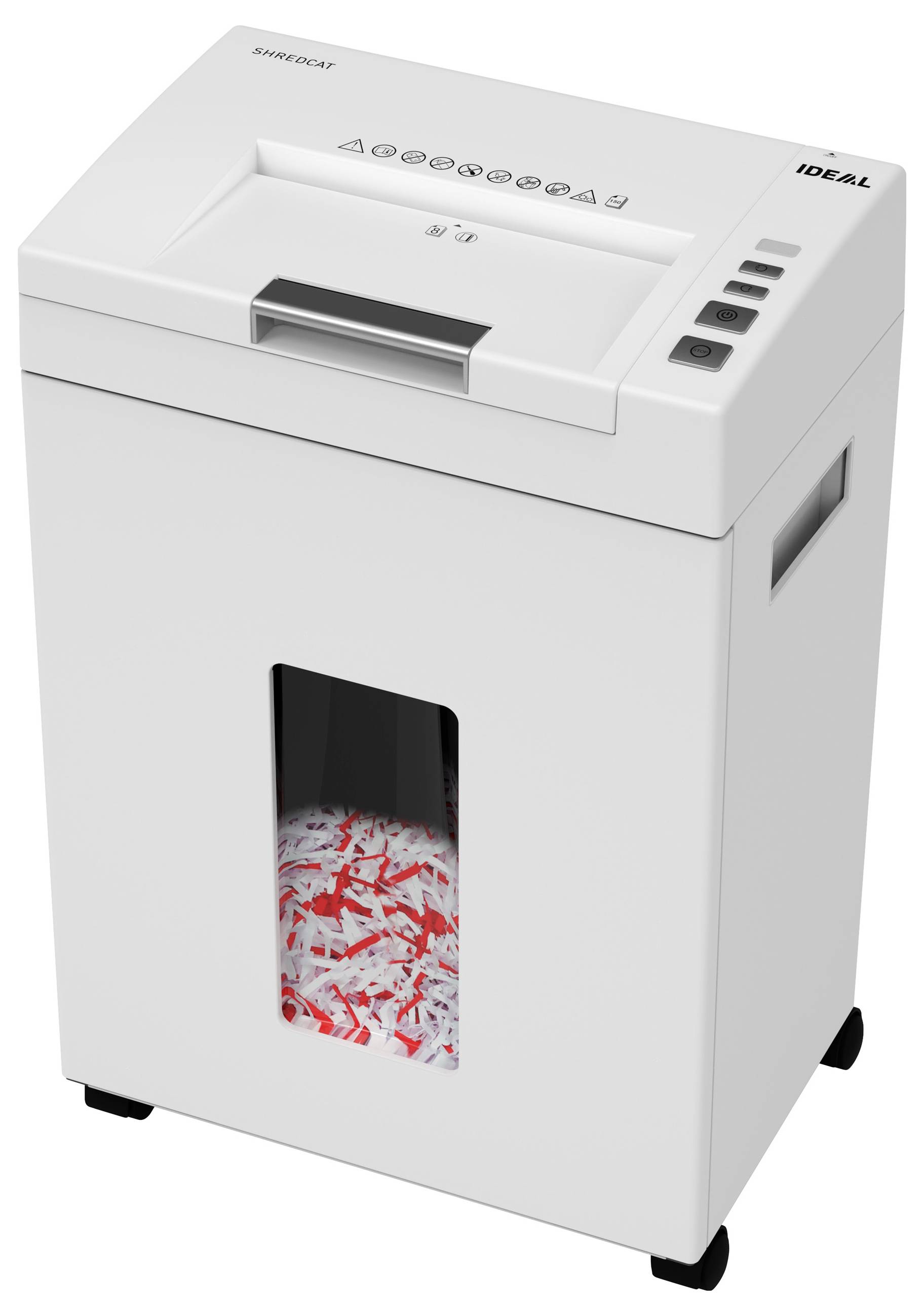 A white paper shredder with a top control panel and a transparent section showing red and white shredded paper inside.