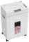 'A white paper shredder with a clear bin showing shredded red and white paper. Control buttons on top are visible.'