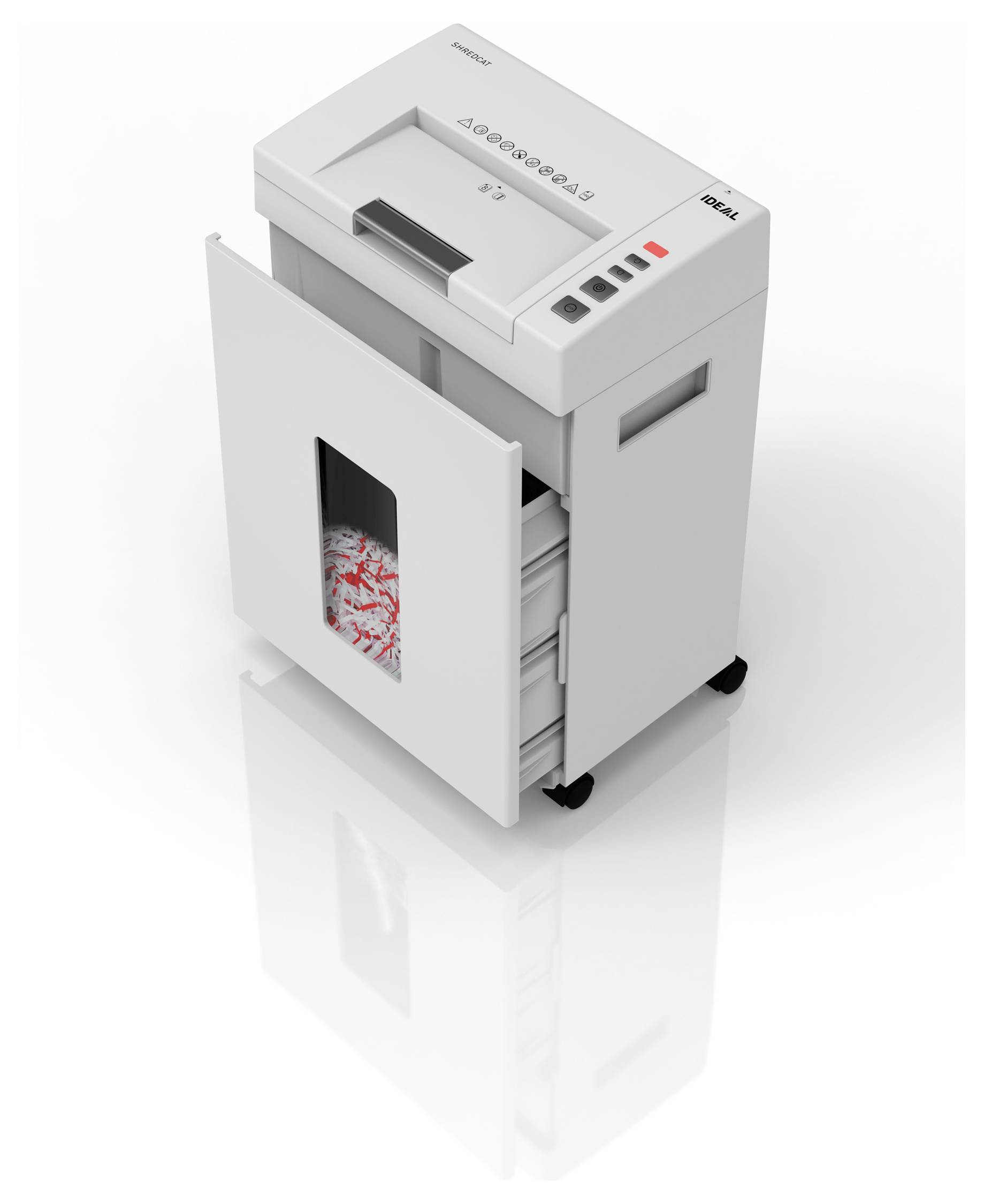 A white office paper shredder with a transparent bin showing shredded paper inside. The shredder has control buttons on top.