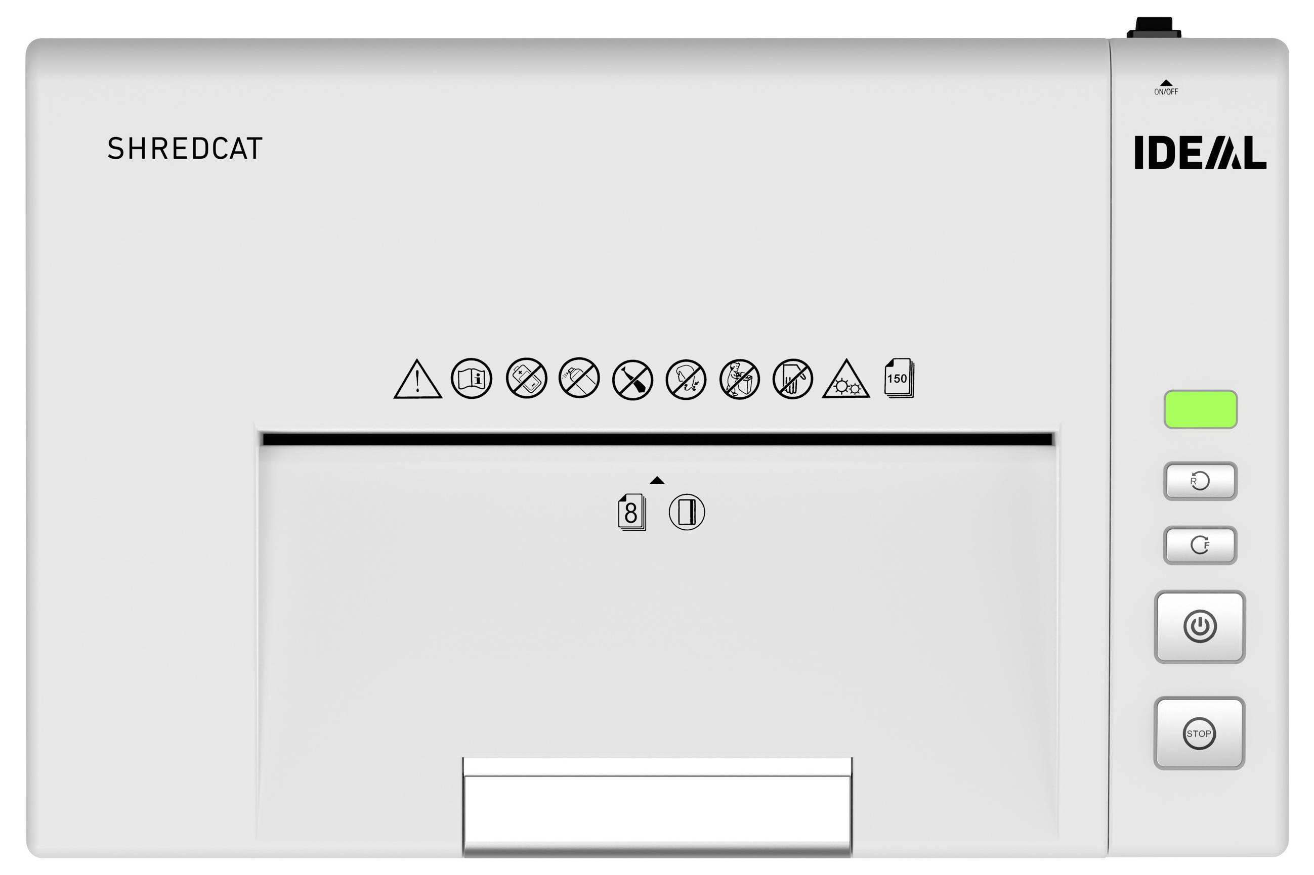 'Shredcat' paper shredder front panel showing control buttons and status lights, including power and forward/reverse controls.