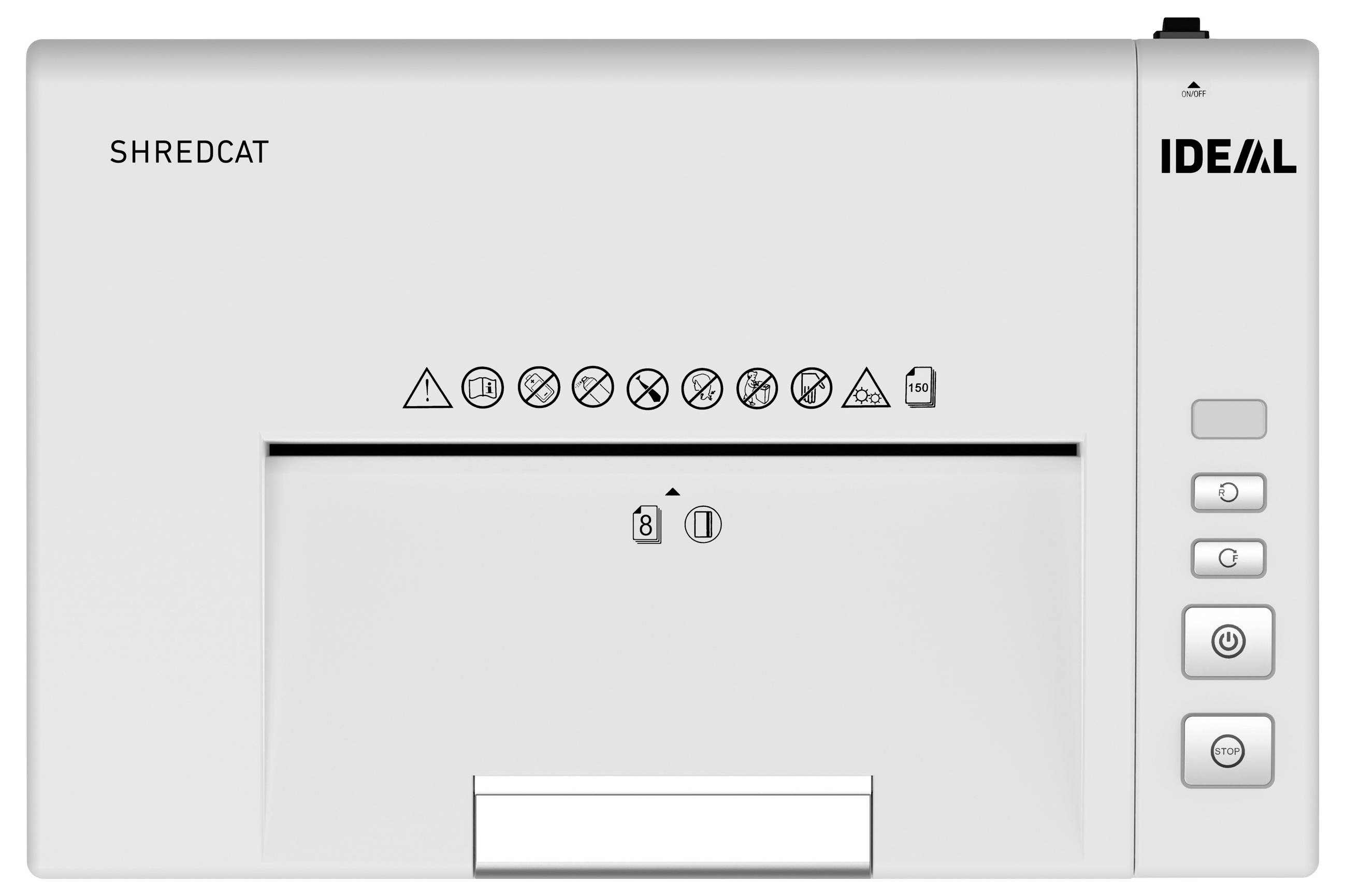 'IDEAL Shredcat' paper shredder with icons for safety features and operation buttons on the right side.
