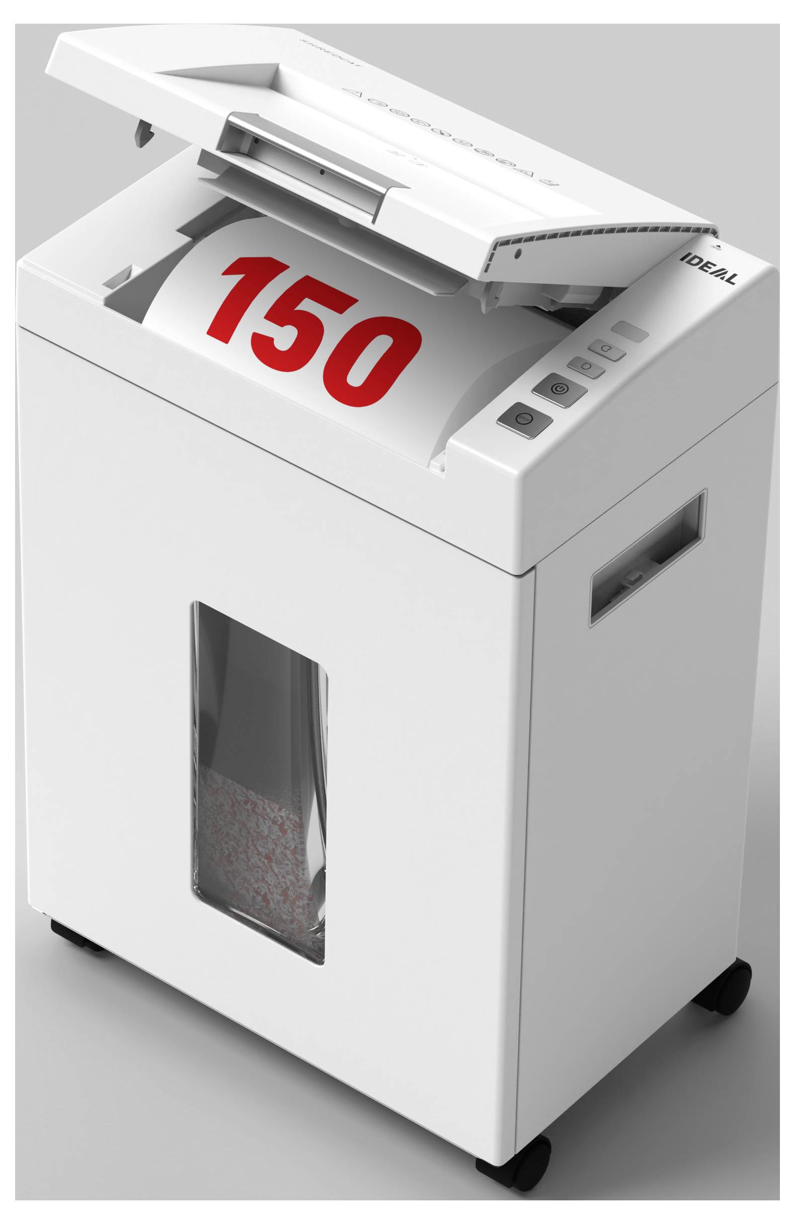 A white paper shredder with a digital display showing the number '150' in red, placed on wheels for mobility.