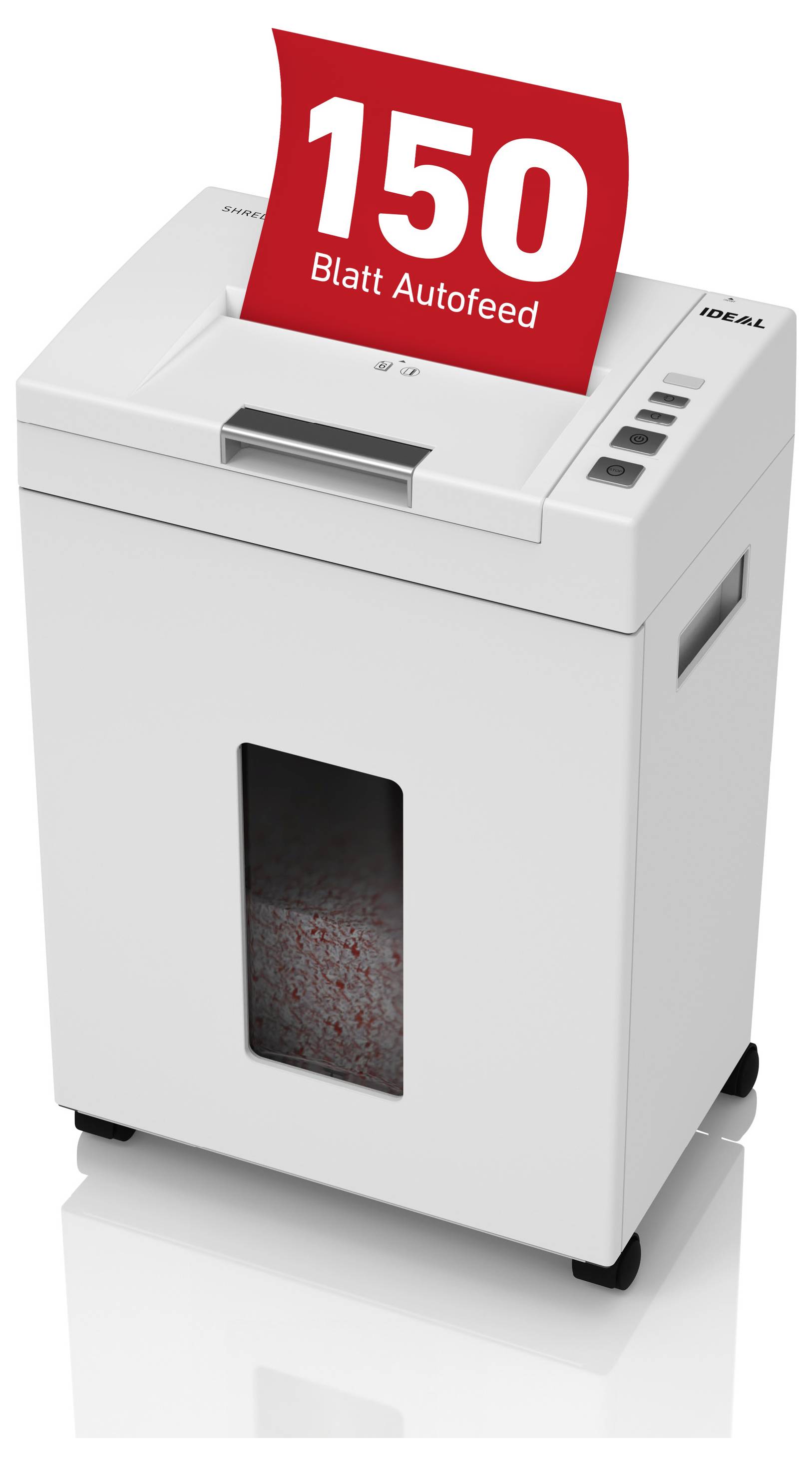 A white paper shredder with a transparent window displays shredded paper. Red sign at the top: '150 Sheet Autofeed'.