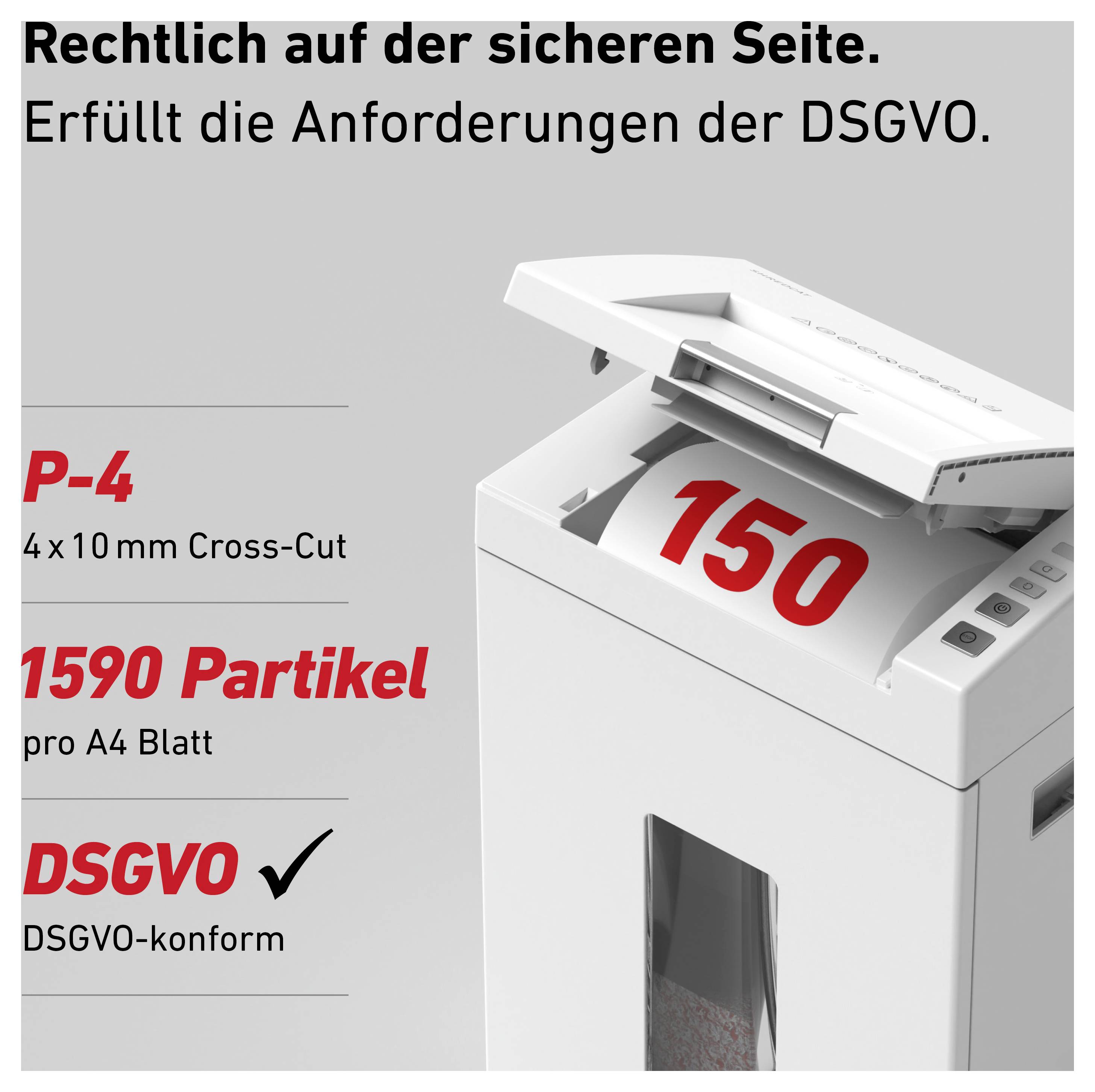 Electric paper shredder with text 'Legally on the safe side' and 'GDPR compliant', red counter shows '150'.
