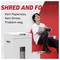A person sits smiling next to a paper shredder. Text in the image: 'SHRED AND FORGET. No paper jam. No stress. Problem gone.'