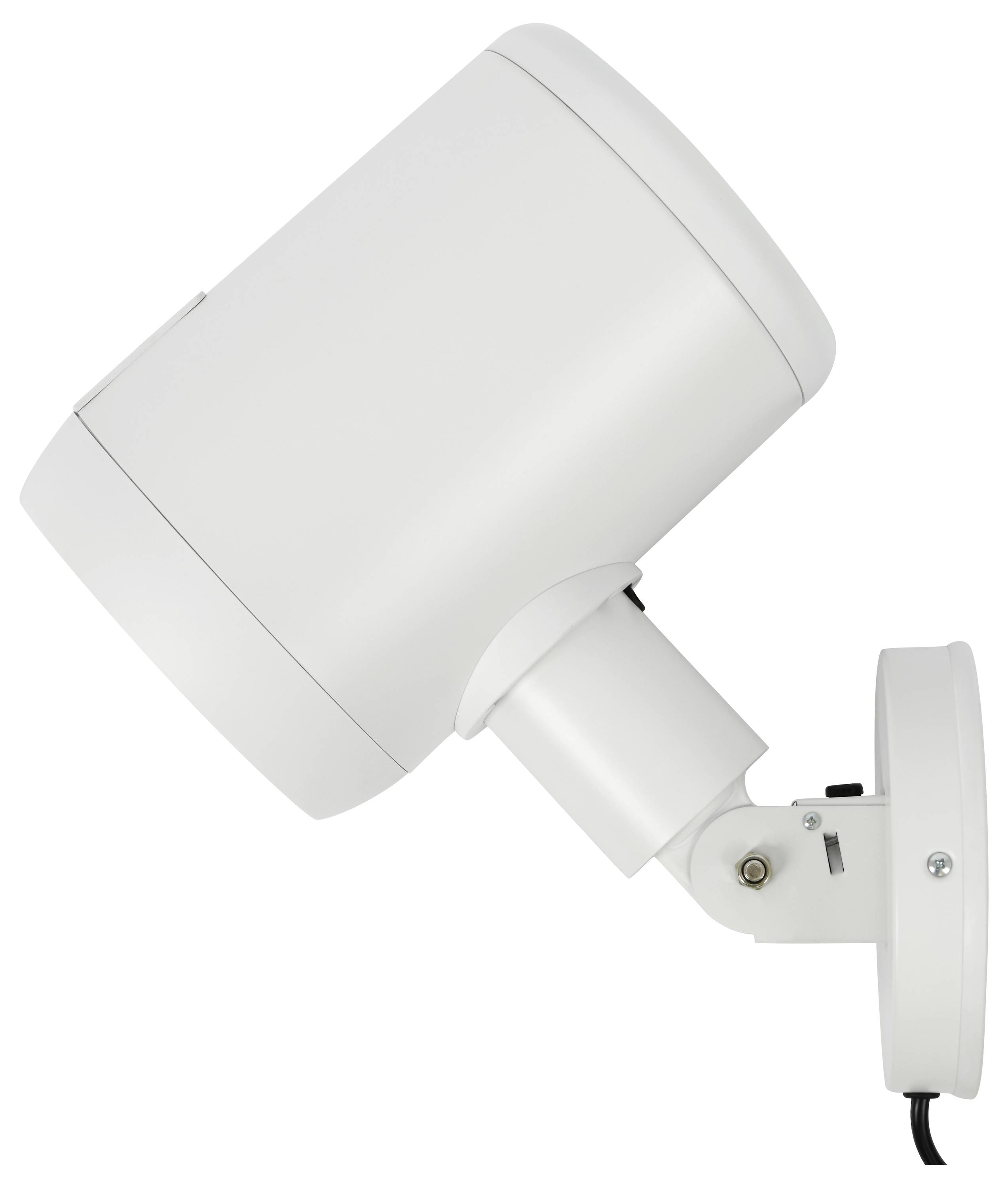 A wall-mounted, white outdoor spotlight with an adjustable head, designed for illuminating specific areas in gardens or patios.