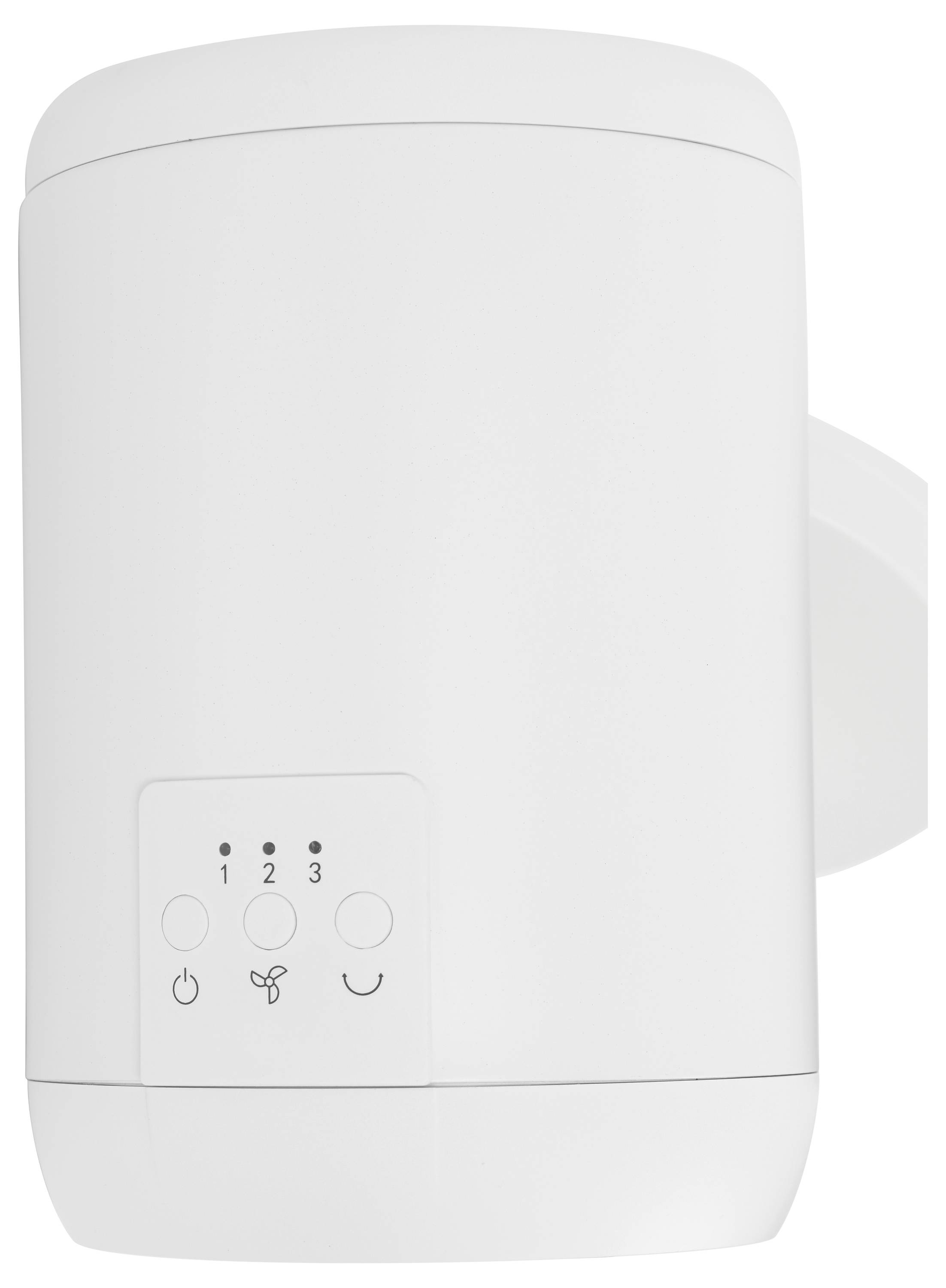 A white, cylindrical air purifier with buttons labeled 1, 2, 3, power, fan speed, and a smiley face.