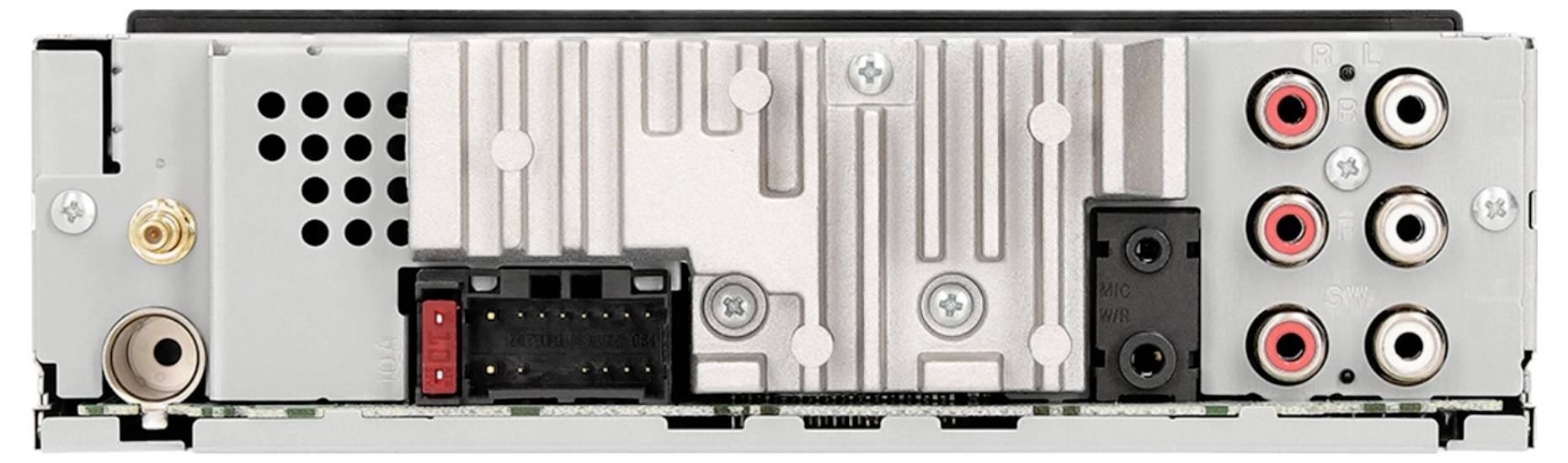 The image shows the rear view of a car stereo, featuring various ports and connectors, including RCA outputs, for audio and power connections.