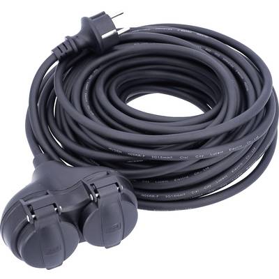 A coiled black power extension cable with a European plug and two socket outlets, suitable for indoor or outdoor electrical use.