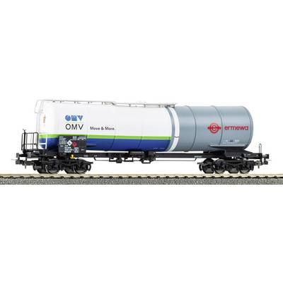 A white and gray train tank car with 'OMV Move & More' and 'ermewa' logos on a track. The car features a green and blue stripe.