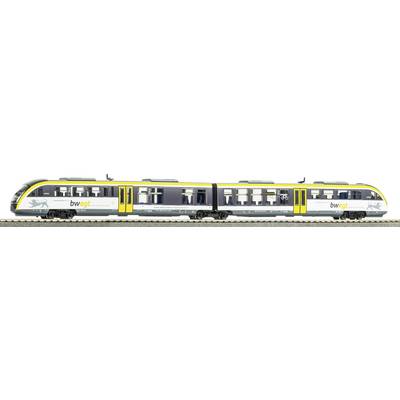 'bwgt' branded train model with bright yellow doors, featuring multiple windows and sleek design, on a display track.