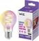 A WiZ smart bulb and its packaging. The bulb has a colorful design and is 'easy to control' via app and voice. Box highlights 470lm, 6.3W, 16M colors.