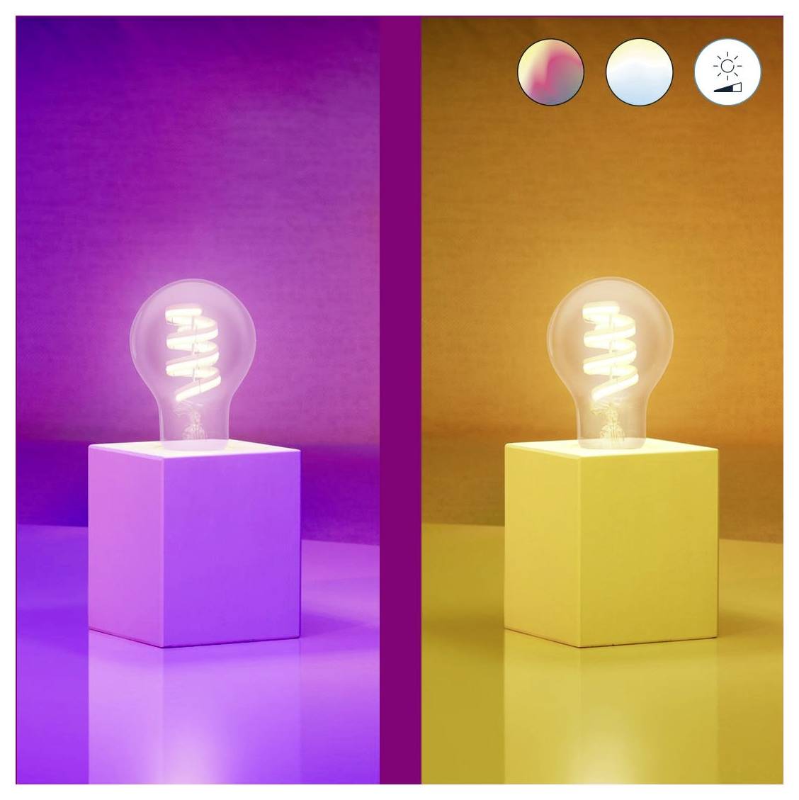 A light bulb changes color from pink to white, symbolizing a smart bulb's adjustable lighting. Icons above show color and brightness options.