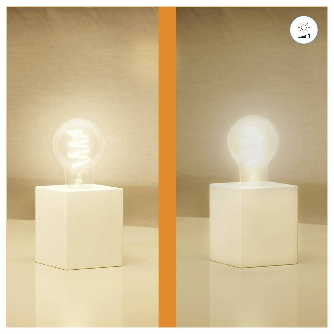 'Light bulb comparison: LED bulb on left glows brighter than incandescent bulb on right. Background is neutral beige.'