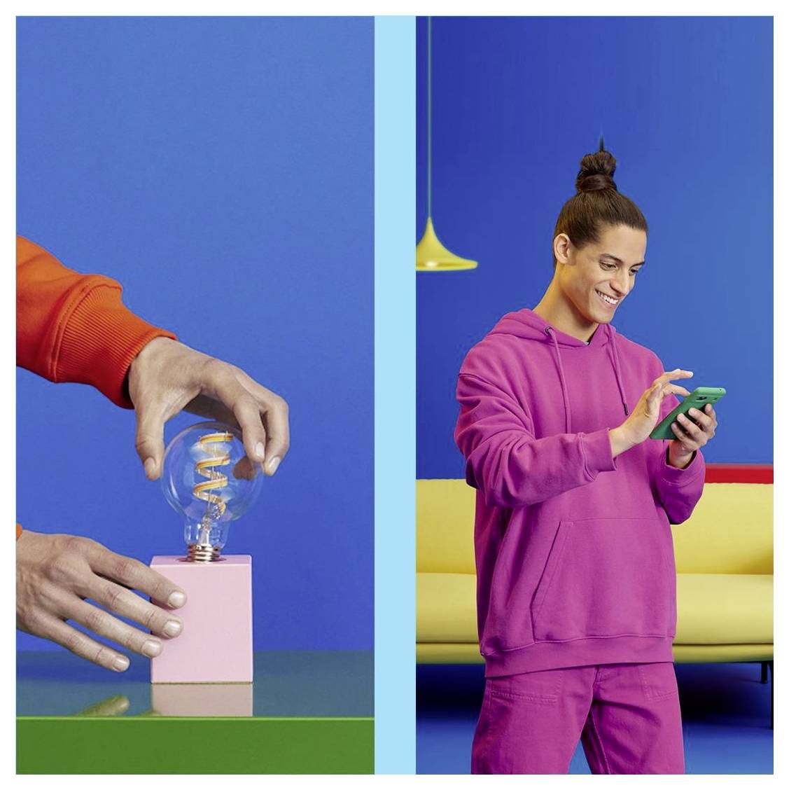 A person in a pink outfit smiles while using a smartphone, standing by a yellow couch against a blue wall. Another hand touches a light bulb.