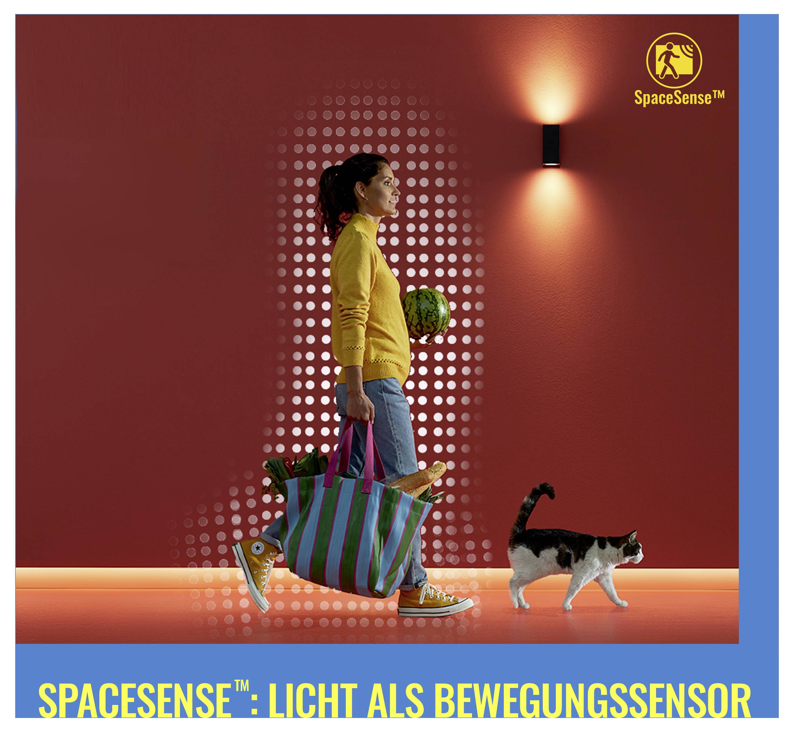 A person carrying groceries walks past a wall with a lit motion sensor in a red room, accompanied by a cat. Text reads 'SPACESENSE™: Licht als Bewegungssensor'.