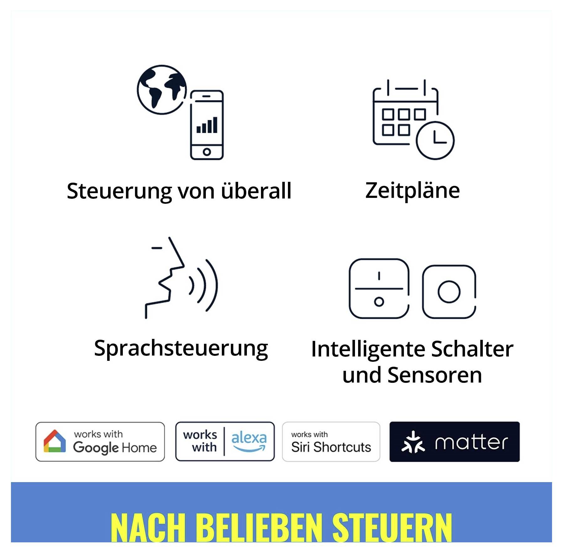 'Steuerung von überall, Zeitpläne, Sprachsteuerung, Intelligente Schalter und Sensoren' with logos for Google Home, Alexa, Siri, and Matter.