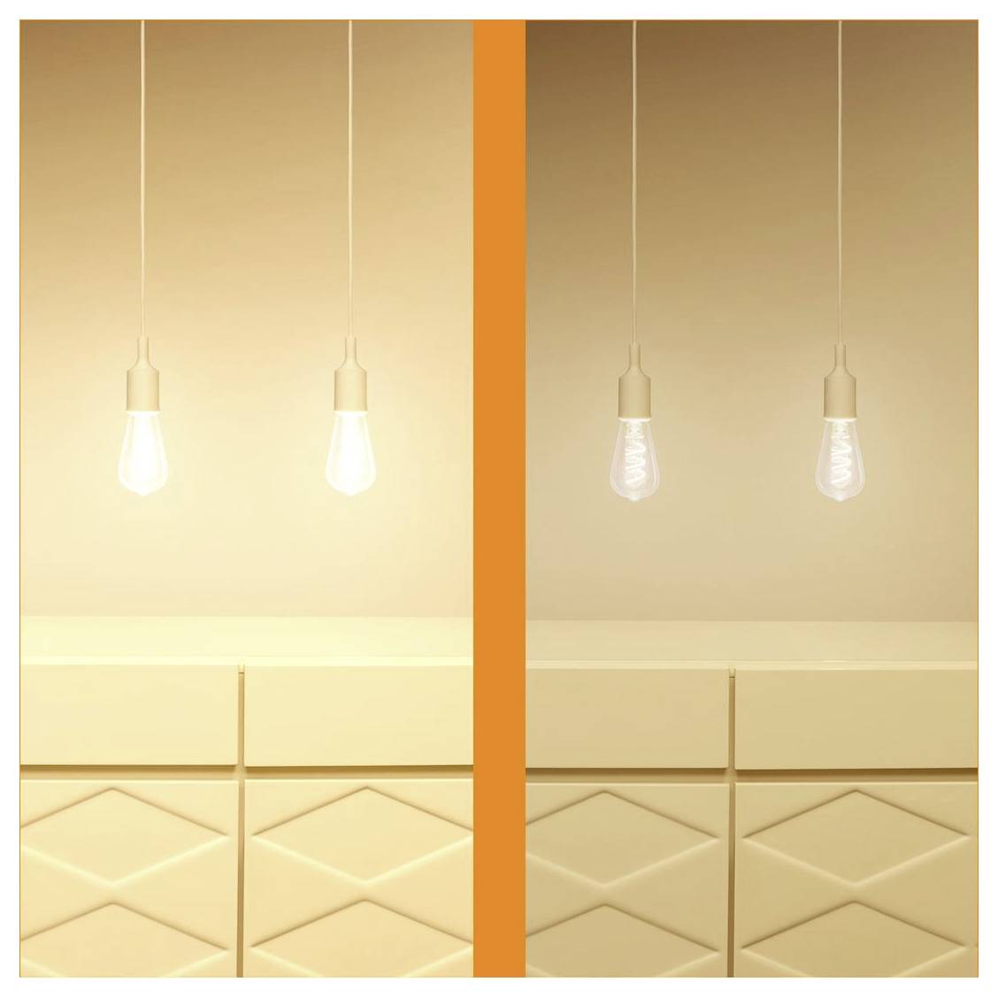 Two light bulbs hang over a beige checkered-patterned surface. The bulb on the right is lit, while the bulb on the left is off.