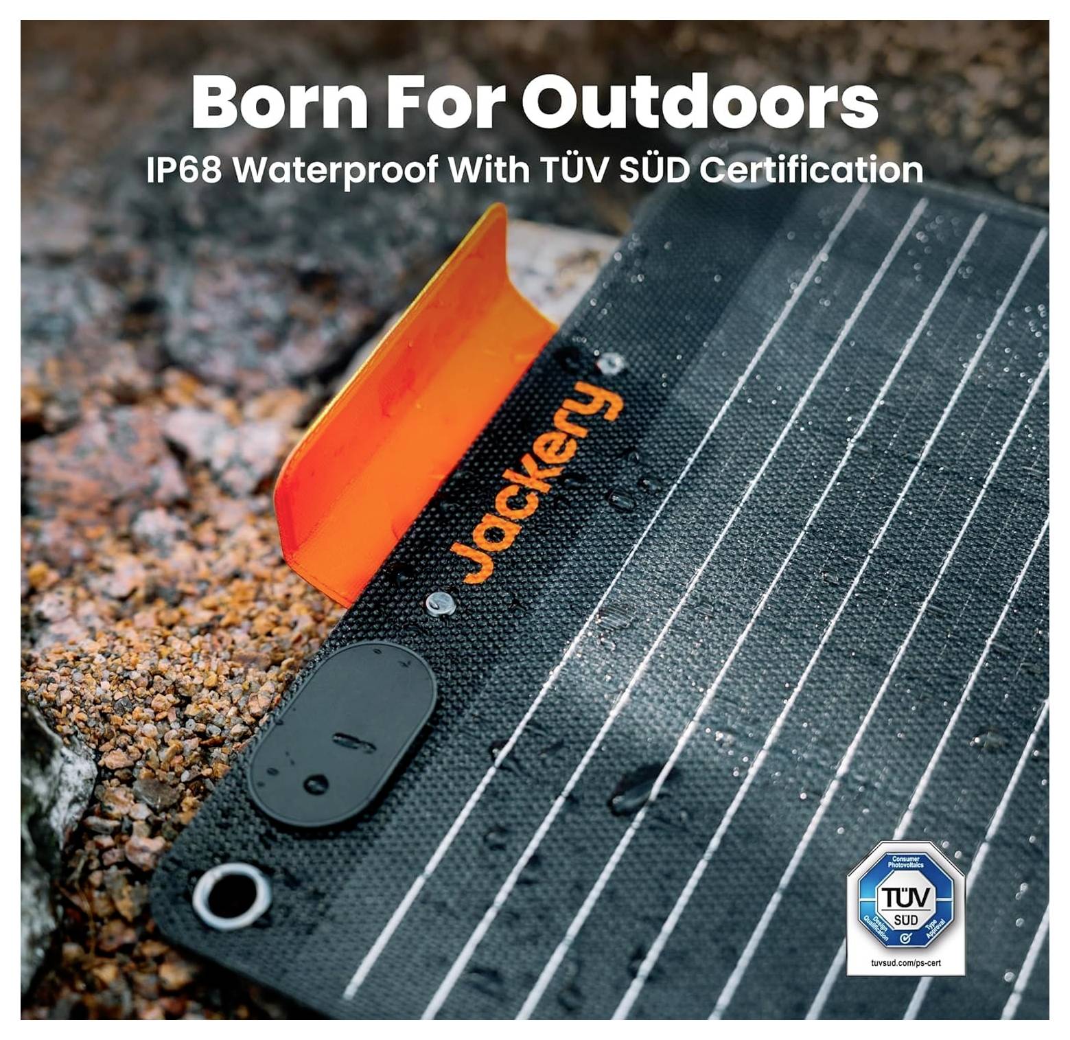 'Born For Outdoors' labeled solar panel showing waterproof material with IP68 and TÜV SÜD certification, set on rocky terrain.