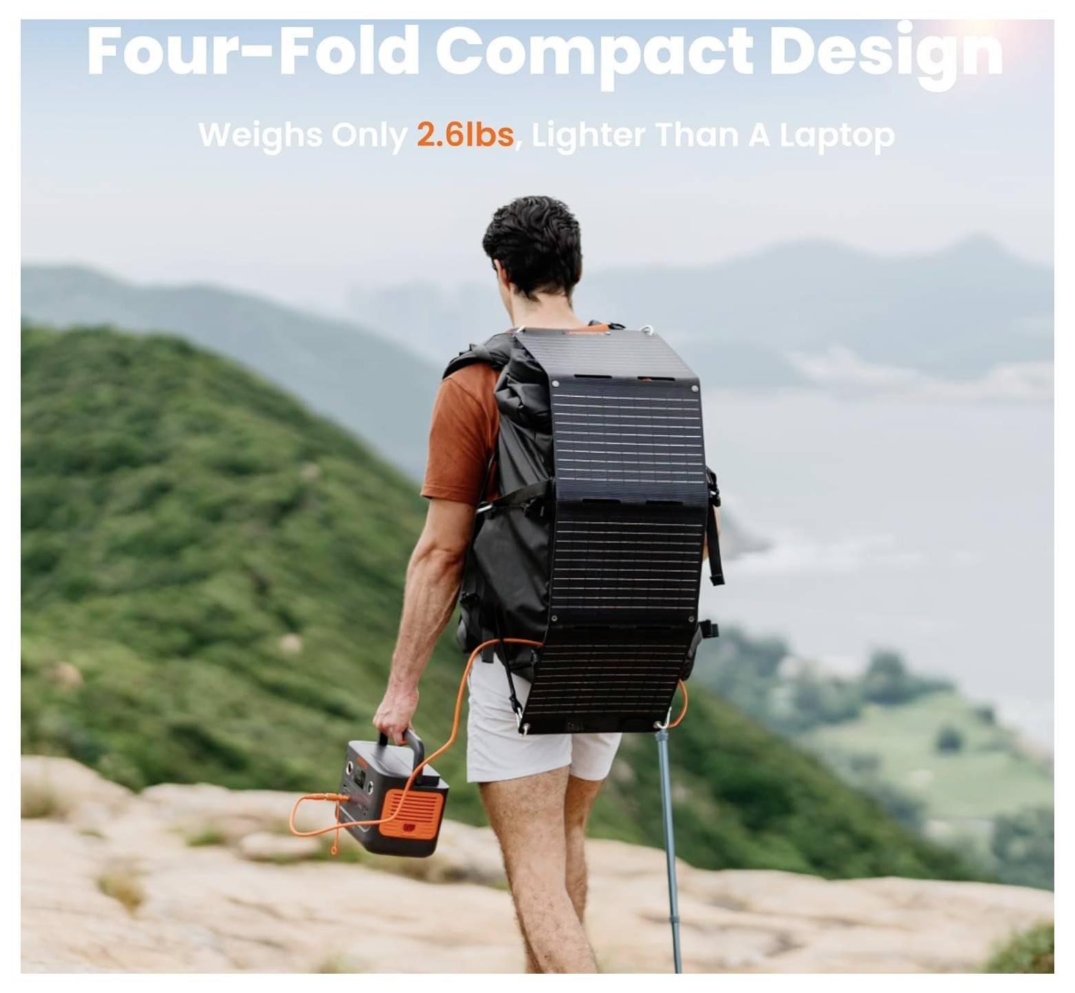 A person wearing a backpack with a solar panel on a hillside, holding a portable power station. Text: 'Four-Fold Compact Design, Weighs Only 2.6lbs, Lighter Than A Laptop.'