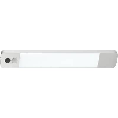 A rectangular LED light with a motion sensor on the left side, encased in a sleek white frame.