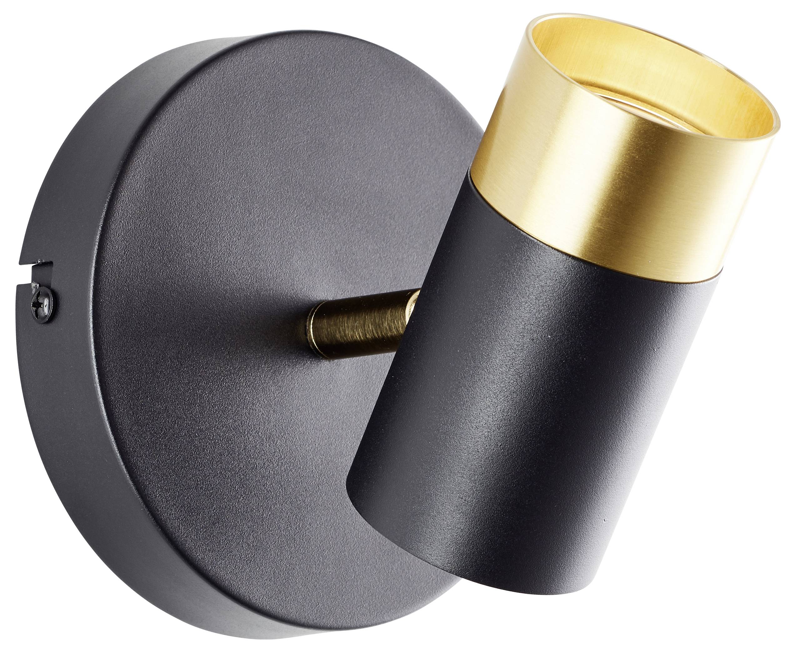 A modern, wall-mounted spotlight with a black cylindrical base and a gold rim, angled slightly downward for targeted illumination.
