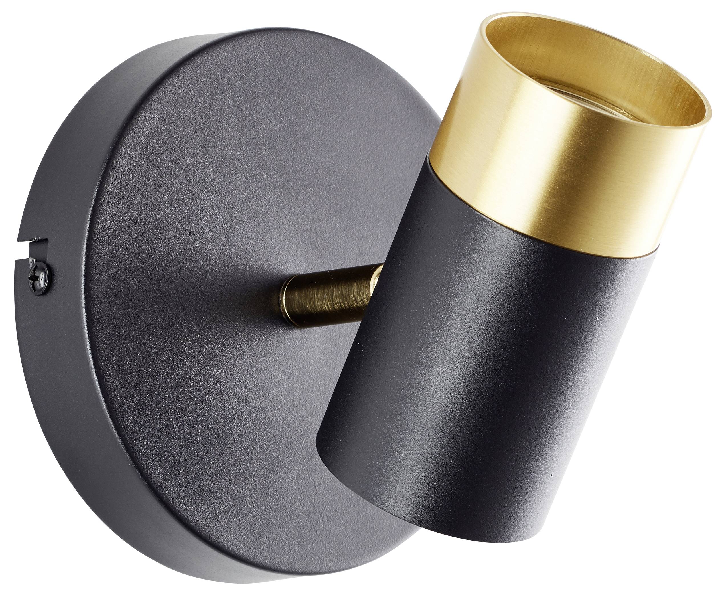 A black and gold wall-mounted spotlight with a cylindrical design, angled downward, suitable for modern interior lighting.