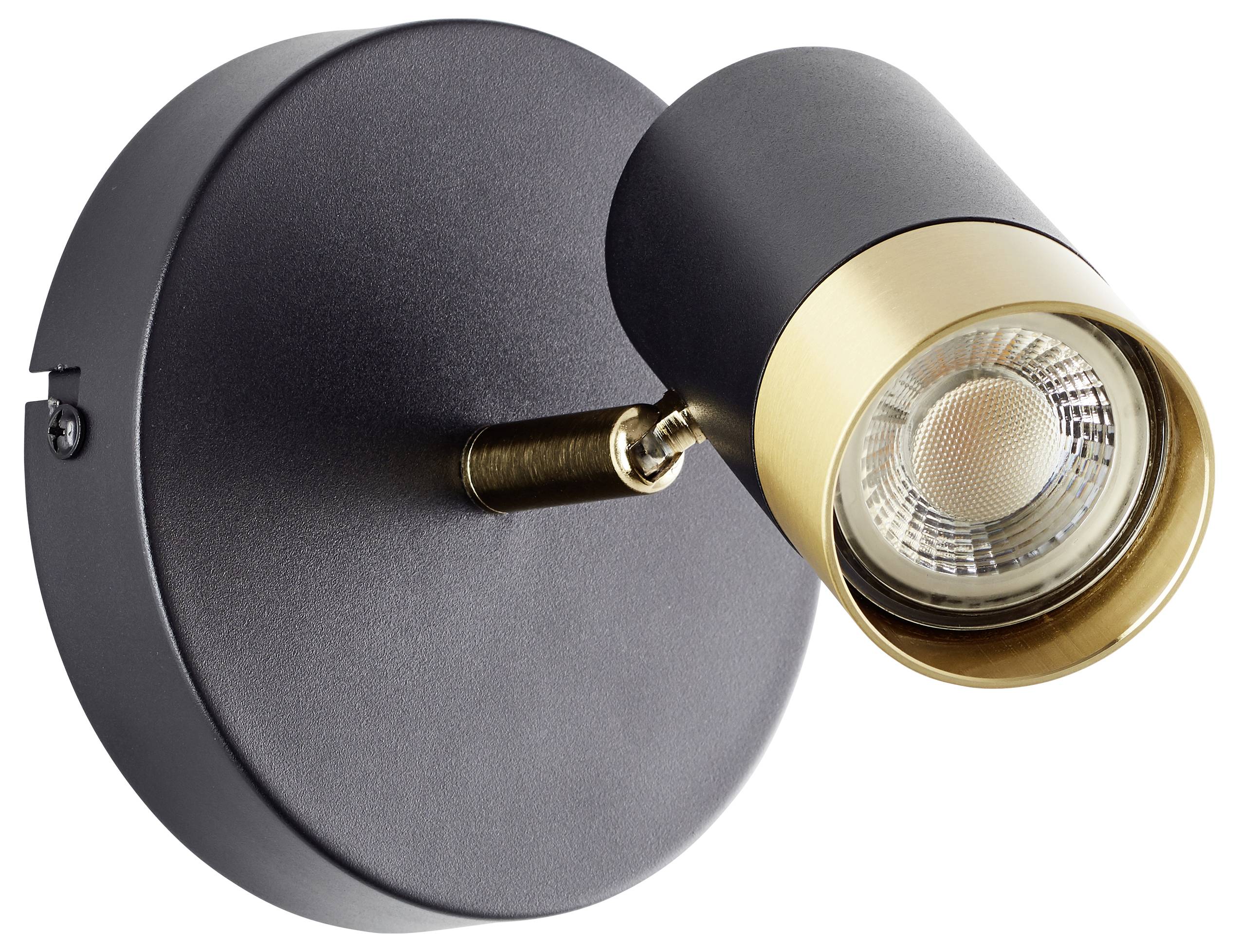 A modern wall-mounted spotlight with a matte black round base and a gold-accented adjustable light head.