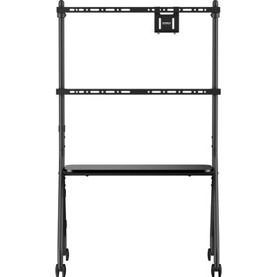 Black TV stand with a shelf and top mounting bracket on wheels, designed to hold and display a flat-screen TV.
