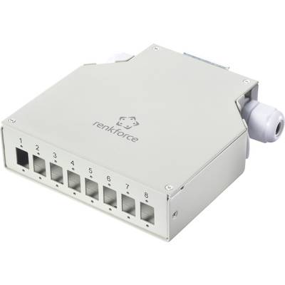 Renkforce eight-port Ethernet switch in a gray metal case, shown angled with numbered front network ports and a cable connector on the side.